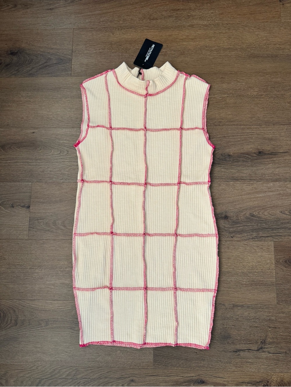 PrettyLittleThing Cream Midi Dress with Pink Grid Trim
